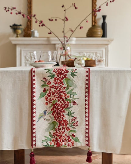 Osmanthus Bird Hand-Painted Table Runner - Christmas Theme