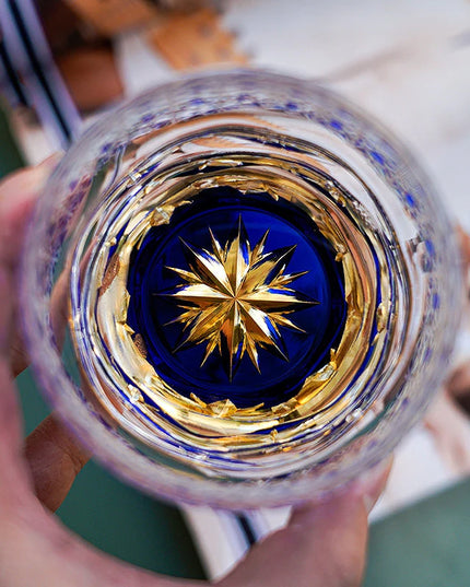 Edo Kiriko  Midnight Blue Starburst Glasss & Wooden Box