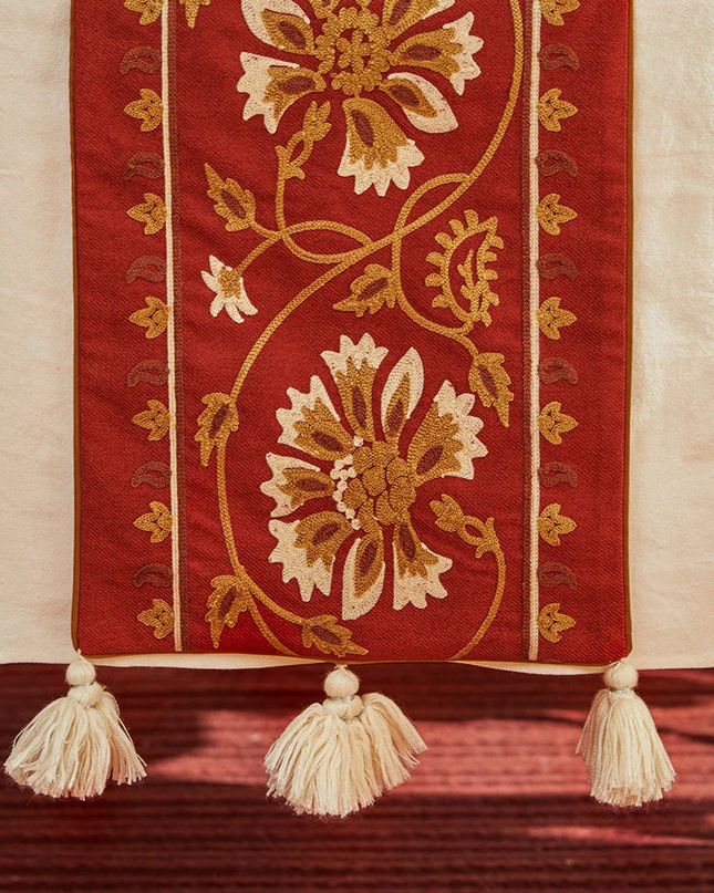 Scarlet Red Flower Embroidery Table Runner