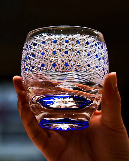 Edo Kiriko  Midnight Blue Starburst Glasss & Wooden Box