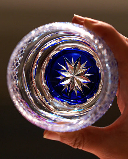 Edo Kiriko  Midnight Blue Starburst Glasss & Wooden Box