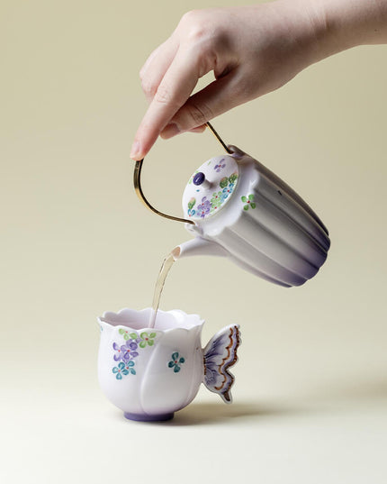 Japanese Lucky Butterfly Ceramic Tea Cup & Teapot Set