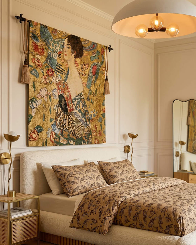 Gustav Klimt's "Lady with a Fan" Large Belgian Jacquard Tapestry Wall Hanging