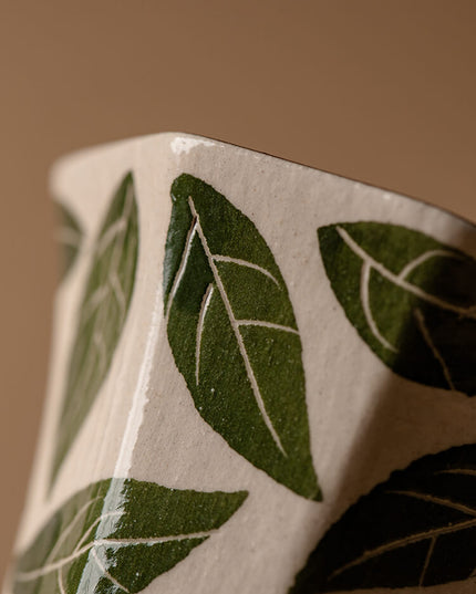 Hand-Painted Green Leaf Ceramic Espresso & Tea Cup