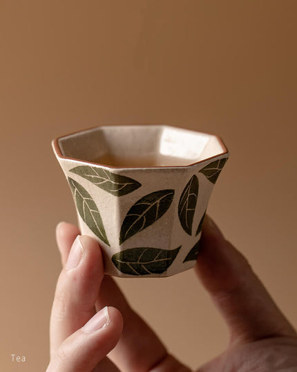 Hand-Painted Green Leaf Ceramic Espresso & Tea Cup