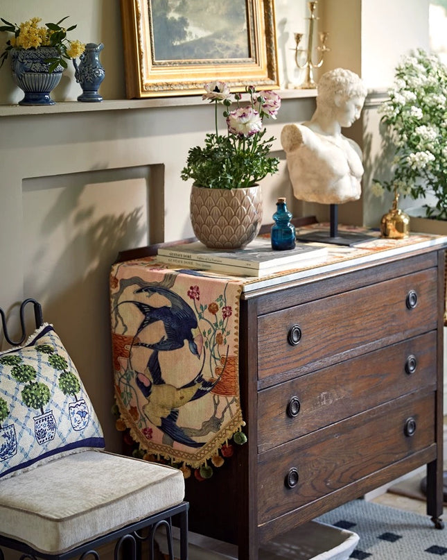 Hand Painted Tasseled Flying Geese Vintage Entryway Table Runner