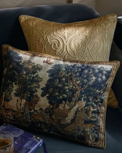17th-Century Flemish Verdure Tapestry Cushion - Peacock & Fountain