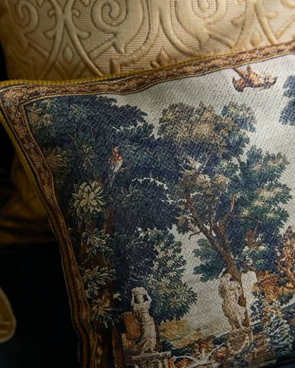 17th-Century Flemish Verdure Tapestry Cushion - Peacock & Fountain