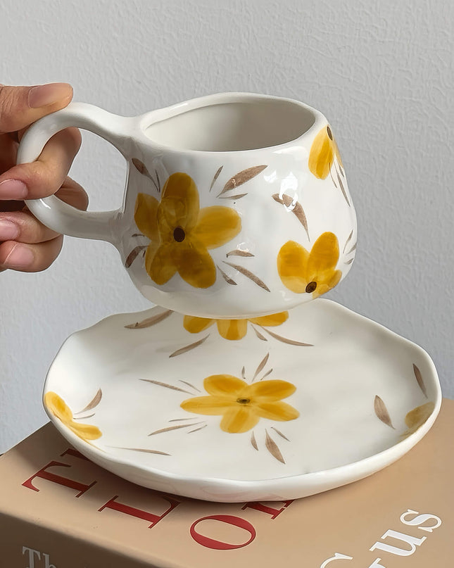 Fall Themed Vintage Hand-painted Ceramic Latte Coffee Cup Set