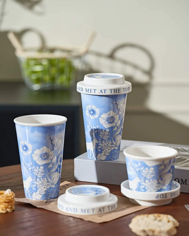 Blue&White Cat Hand-painted Ceramic Travel Coffee Mug & Tea Cup with Ceramic lid
