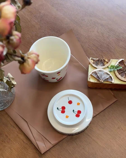 Hand-painted Cherry Ceramic Mug  Ceramic Lid - Office & ClubHouse