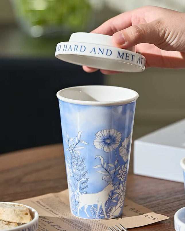 Blue&White Cat Hand-painted Ceramic Travel Coffee Mug & Tea Cup with Ceramic lid