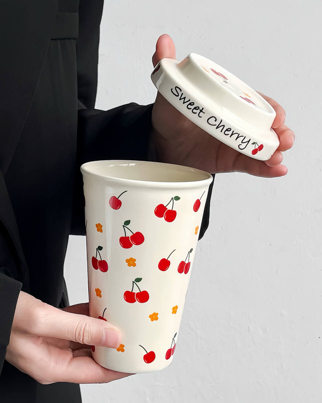 Hand-painted Cherry Ceramic Mug  Ceramic Lid - Office & ClubHouse