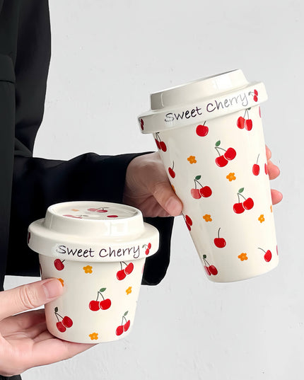 Hand-painted Cherry Ceramic Mug  Ceramic Lid - Office & ClubHouse