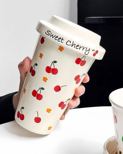 Hand-painted Cherry Ceramic Mug  Ceramic Lid - Office & ClubHouse