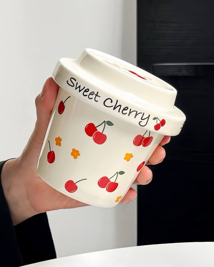 Hand-painted Cherry Ceramic Mug  Ceramic Lid - Office & ClubHouse