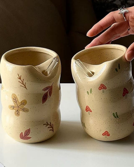 Vintage Travel Ceramic Maple Leaf Straw Mug & Mushroom Straw Cup