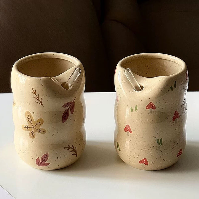 Vintage Travel Ceramic Maple Leaf Straw Mug & Mushroom Straw Cup