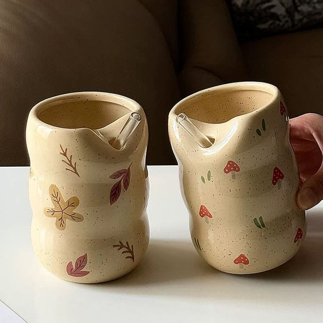 Vintage Travel Ceramic Maple Leaf Straw Mug & Mushroom Straw Cup