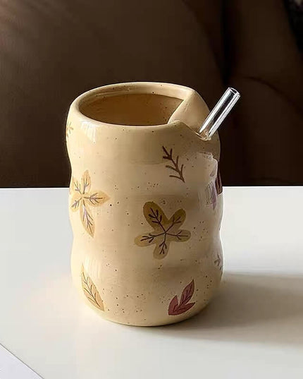 Vintage Travel Ceramic Maple Leaf Straw Mug & Mushroom Straw Cup