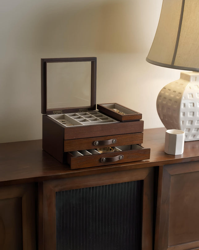 Walnut Vintage Jewelry Tiered Storage Box