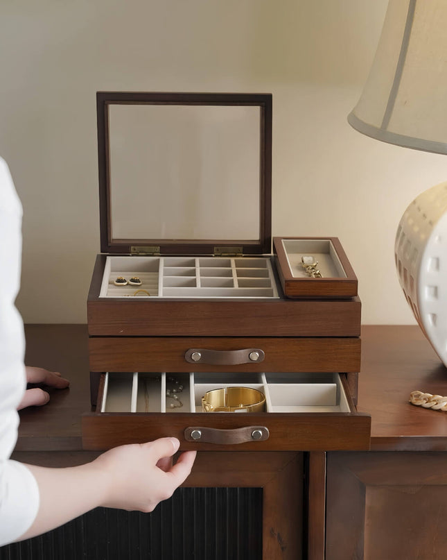 Walnut Vintage Jewelry Tiered Storage Box