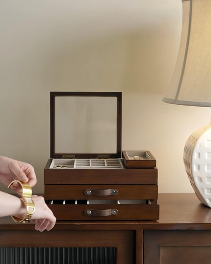 Walnut Vintage Jewelry Tiered Storage Box