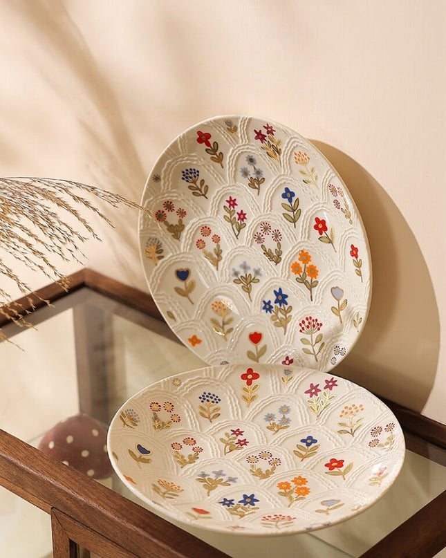 Relief Floral Ceramic Dinner Plate Set