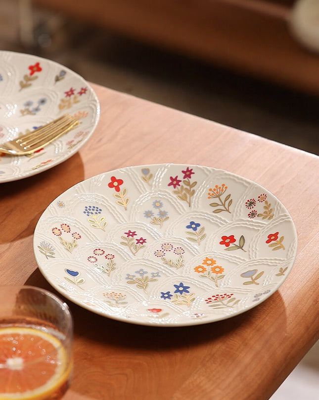 Relief Floral Ceramic Dinner Plate Set