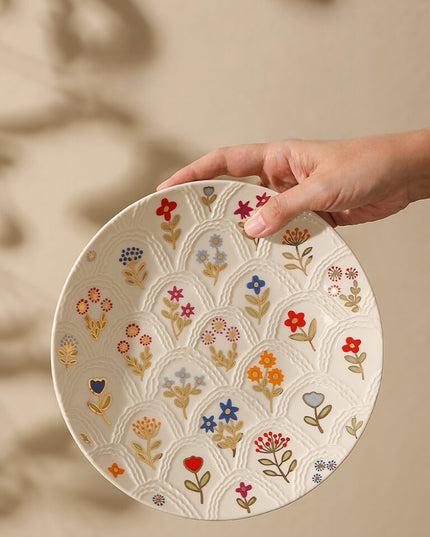 Relief Floral Ceramic Dinner Plate Set
