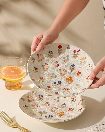 Relief Floral Ceramic Dinner Plate Set