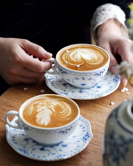 Blue & White Hand-Painted Ceramic Coffee Cup Set