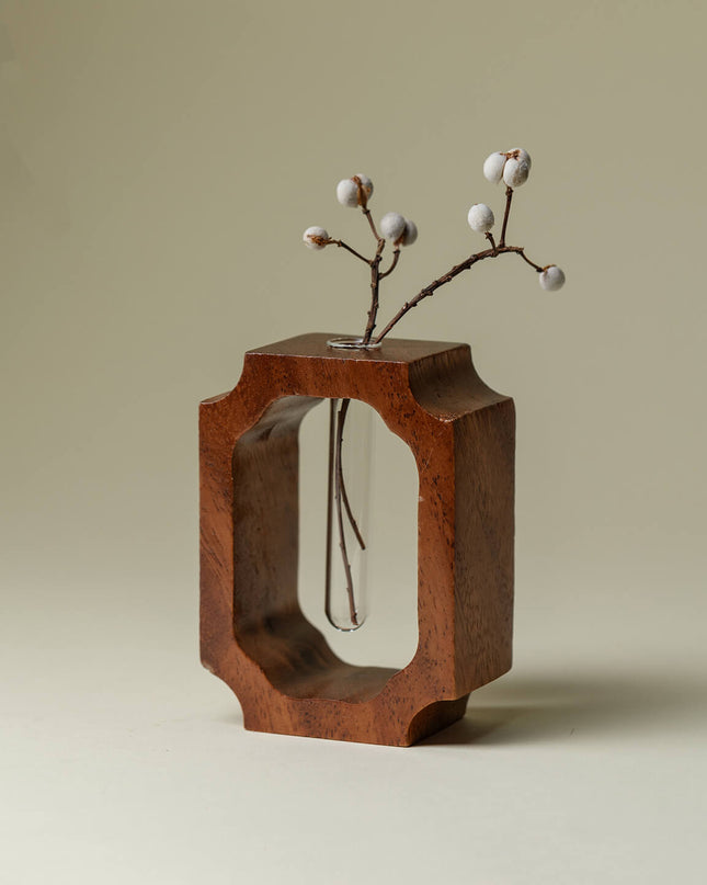 Teak Wood Art Glass Mini Vase