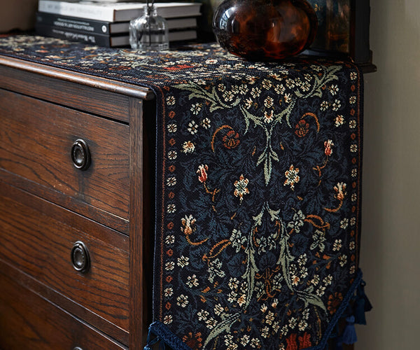 Embroidered Floral Tassel Wool Table Runner