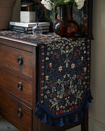 Embroidered Vintage Floral Tassel Wool Blend Table Runner