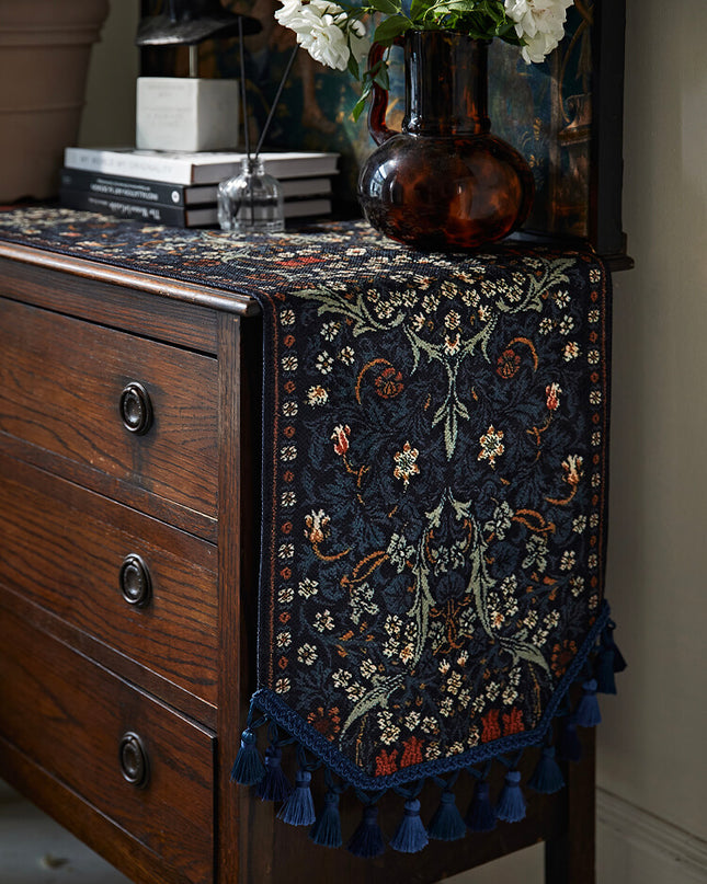 Embroidered  Floral Tassel Wool Table Runner