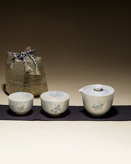 Camping Ceramic Butterfly Travel Tea Cup & Bag Set