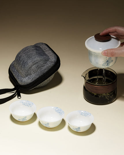Japanese Butterfly Ceramic Camping Travel Teacup & Bag Set