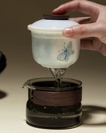 Japanese Butterfly Ceramic Camping Travel Teacup & Bag Set