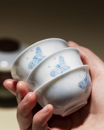 Japanese Butterfly Ceramic Camping Travel Teacup & Bag Set