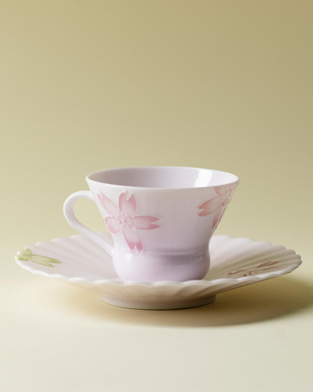 Japanese Hand-Painted Cherry Blossom Ceramic Coffee Cup Set