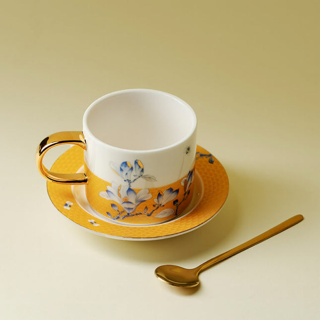 Japanese Hand-Painted Magnolia Ceramic Coffee Cup Set