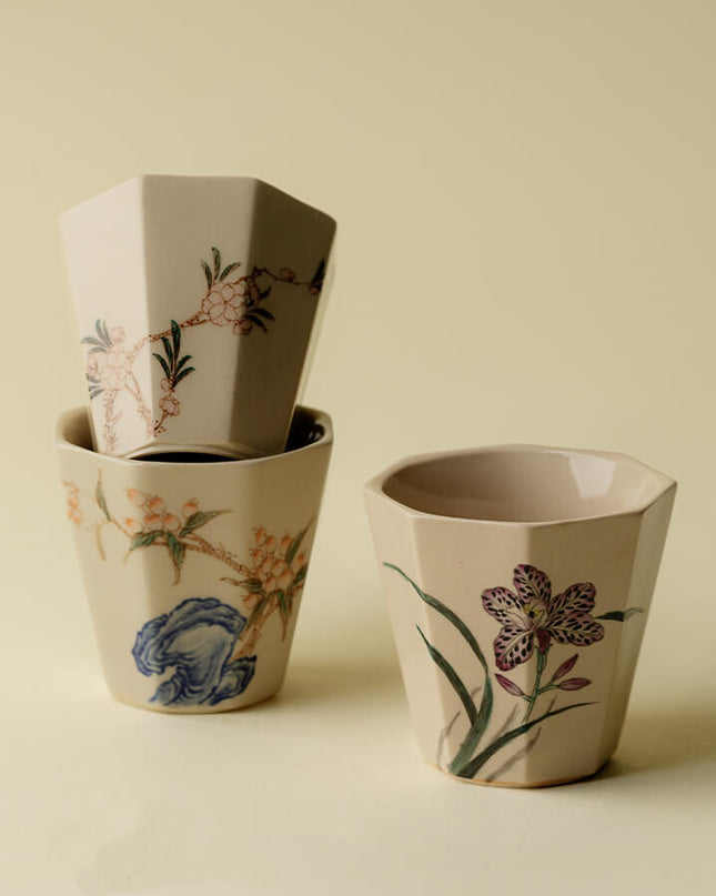 Wabi-Sabi Hand-Painted Floral Ceramic Espresso & Tea Cup Set
