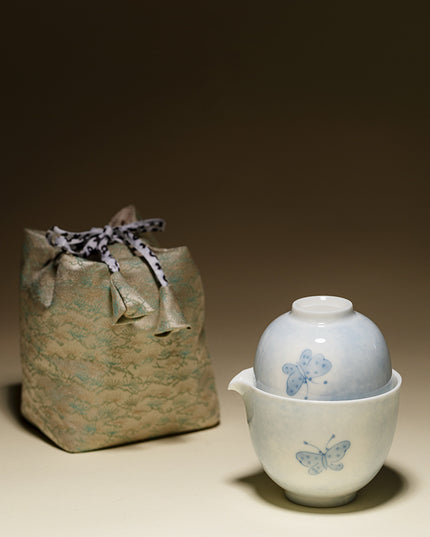 Camping Ceramic Butterfly Travel Tea Cup & Bag Set