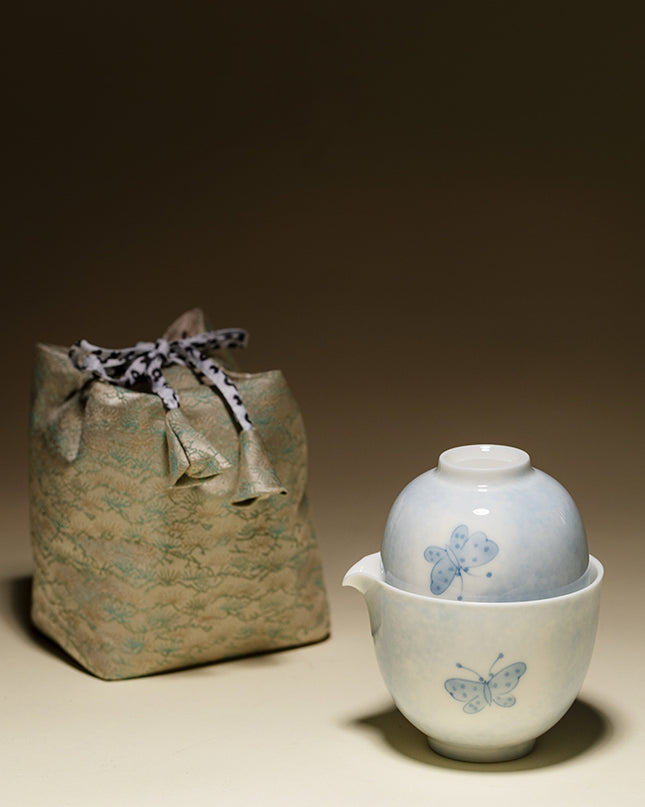 Camping Ceramic Butterfly Travel Tea Cup & Bag Set