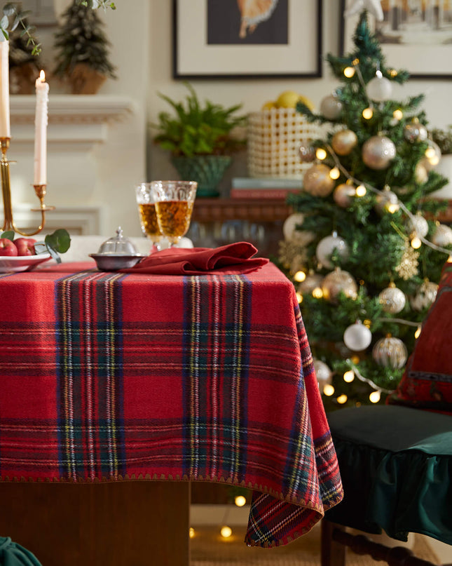 Vintage Red Plaid Christmas Wool Tablecloth