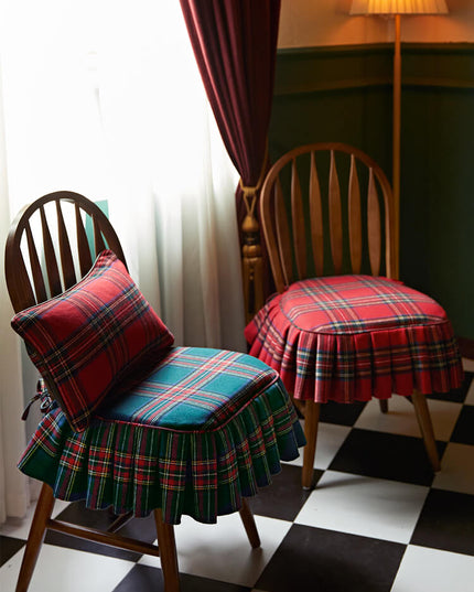 Vintage Ruffled Red Green Plaid Cotton Chair Cushion & Memory Foam
