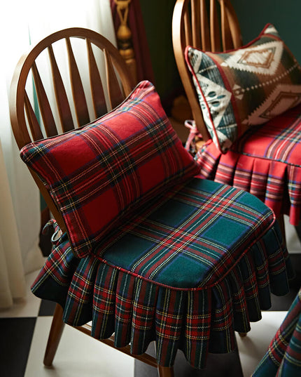 Vintage Ruffled Red Green Plaid Cotton Chair Cushion & Memory Foam