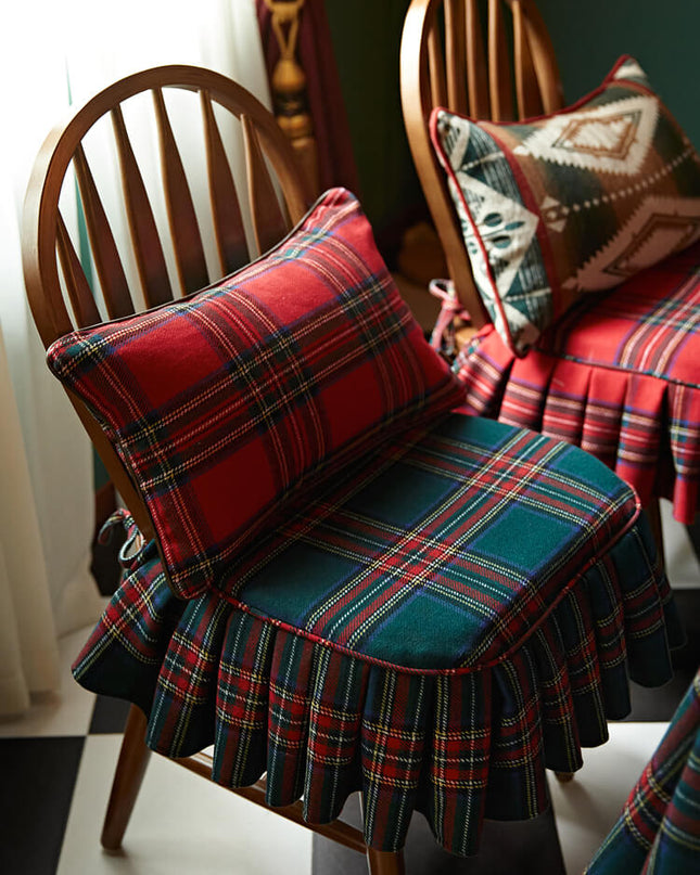 Vintage Ruffled Red Green Plaid Cotton Chair Cushion & Memory Foam