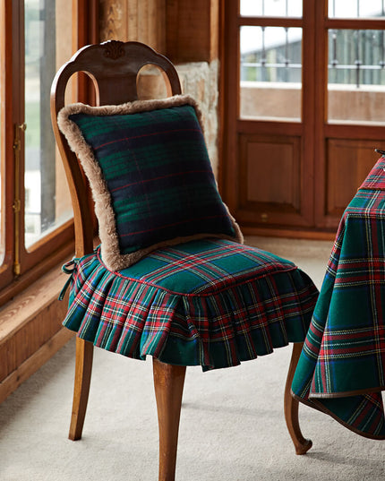 Vintage Ruffled Red Green Plaid Cotton Chair Cushion & Memory Foam